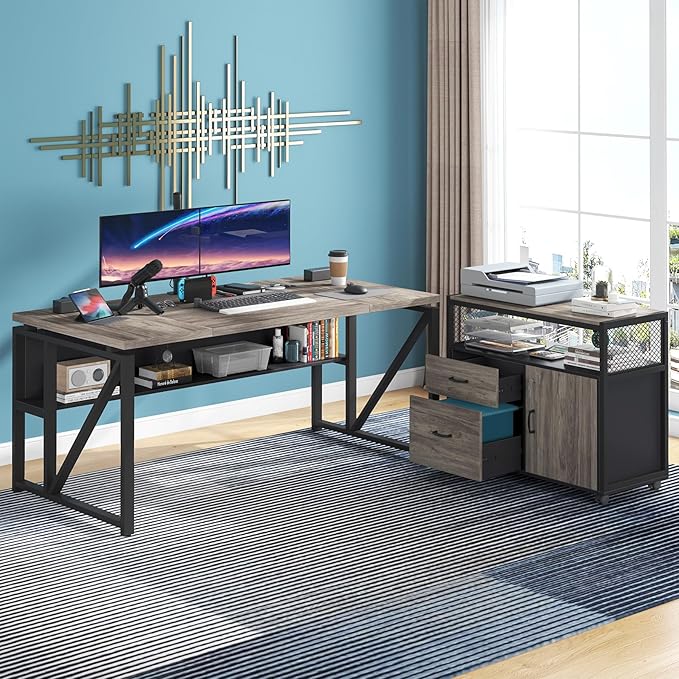 Tribesigns L Shaped Desk with Drawer Cabinet, 63" Executive Computer Desk and lateral File Cabinet, 2 Piece Home Office Furniture with Drawers for Hanging File, Doors with Locks (Gray, 63 inches)