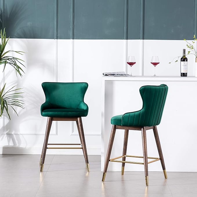 Roundhill Furniture Leland Fabric Upholstered Counter Height Wingback Stools, Set of 2, Green
