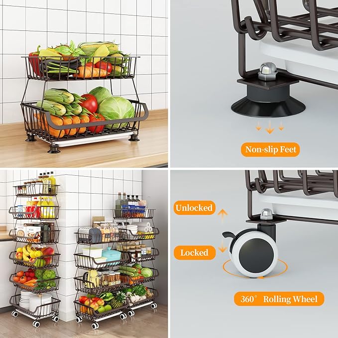 Fruit Vegetable Storage Basket for Kitchen - 6 Tier Stackable Metal Wire Baskets Cart with Rolling Wheels Utility Fruits Rack Produce Snack Organizer Bins for Pantry Bathroom Laundry Bronze