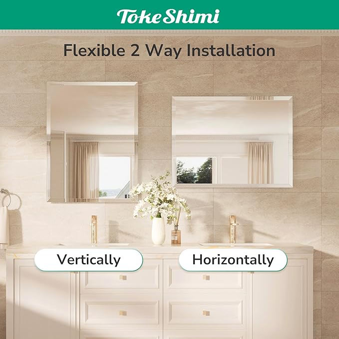 TokeShimi 16x24 Beveled Mirror Bathroom Rectangle, Bathroom Vanity Mirror Frameless with 1" Beveled Edge, Shatterproof Modern Decorative Wall Mirrored for Living Room, Entryway, Restroom