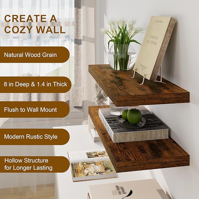 Floating Shelves, 8 Inch Deep Floating Shelves, 24"W x 8"D Wall Shelves Set of 2, Rustic Wood Floating Shelf for Home Decor, Deep Storage Shelves for Kitchen, Bedroom, Living Room, Rustic Brown