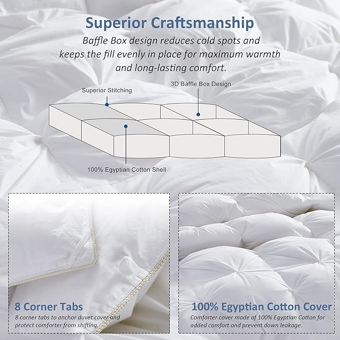 Luxurious All-Season Goose Down Feather Fiber Comforter Queen Size Duvet Insert, Exquisite Pinch Pleat Design, Premium Baffle Box, 100% Egyptian Cotton Cover, 55 oz. Fill Weight, White