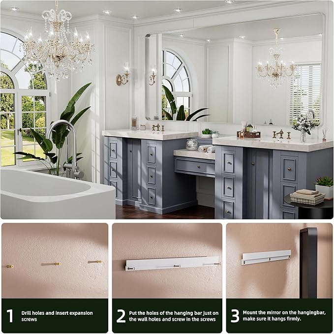 Hasipu Brushed Silver Bathroom Mirror 63x35 Inch Rounded Rectangle Vanity Mirror Metal Framed Wall Mirrors Anti-Rust Surface Mount (Horizontal/Vertical)