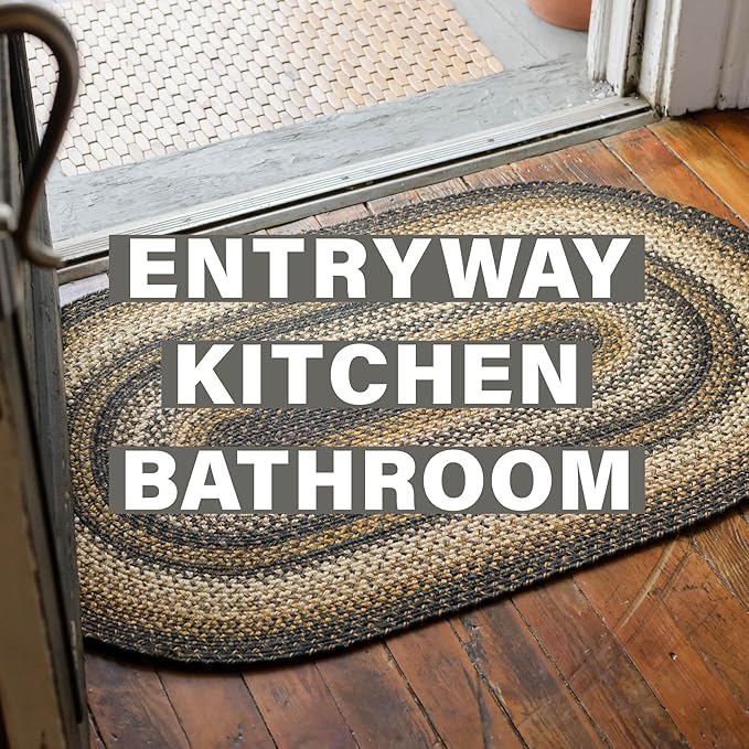 Homespice 20x30” Black Rect. Braided Rug. Kilimanjaro Black Jute Rug. Uses- Entryway, Kitchen Rugs, Bathroom Rugs. Reversible, Rustic, Country, Primitive, Farmhouse Decor Rug
