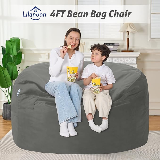 4FT Bean Bag Chair with Ultra Soft Velvet Cover Bean Bag Sofa with Memory Foam Bean Bag Chairs with Large Size Lazy Sofa for Dorm Office Living Room Bedroom Light Grey 4'