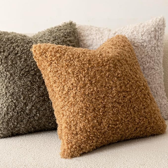 Foindtower Set of 2 Curly Teddy Wool Pillow Covers Decorative Boucle Textured Lumbar Throw Pillow Faux Fur Pillowcases Sheepskin Cushion Case for Sofa Bedroom Car 12"x20" Sage Green