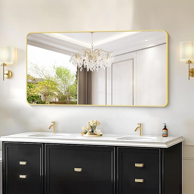 55x30 Inch Gold Bathroom Mirror, Metal Framed Gold Rectangle Mirrors, Rounded Rectangular Vanity Mirror, Large Wall Mounted Mirrors for Living Room Bedroom Entryway Hangs Horizontal or Vertical