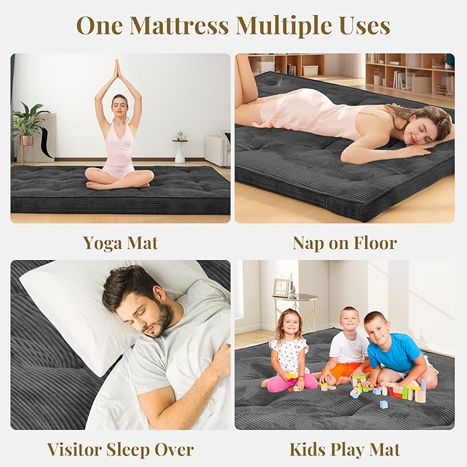 Japanese Floor Mattress, 4" Thicken Futon Mattress Full Size Sleeping Pad, Corduroy Foldable Mattress Pad Roll Up Tatami Mat Floor Mattress for Adults（Grey）