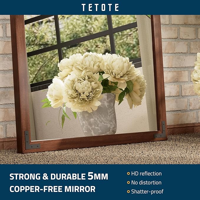 TETOTE 24 x 32 Walnut Wood Framed Mirror for Bathroom Wall/Bedroom/Living Room/Entryway Farmhouse Rustic Wall Mirror Waterproof (Horizontal/Vertical Mounted)