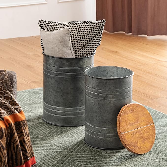 Glitzhome Farmhouse Accent Side Table, Metal Storage Stool Ottoman with Round Lid - Galvanized Coffee Cocktail End Tables Set of 2 for Living Room Bedroom, Grey