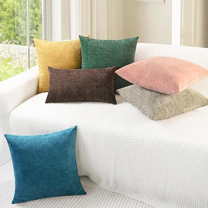 CaliTime Throw Pillow Covers Decorative 12 X 20 Inches Pack of 2 Cozy Chenille Cushion Cases for Couch Sofa Bed Living Room Home Dark Green