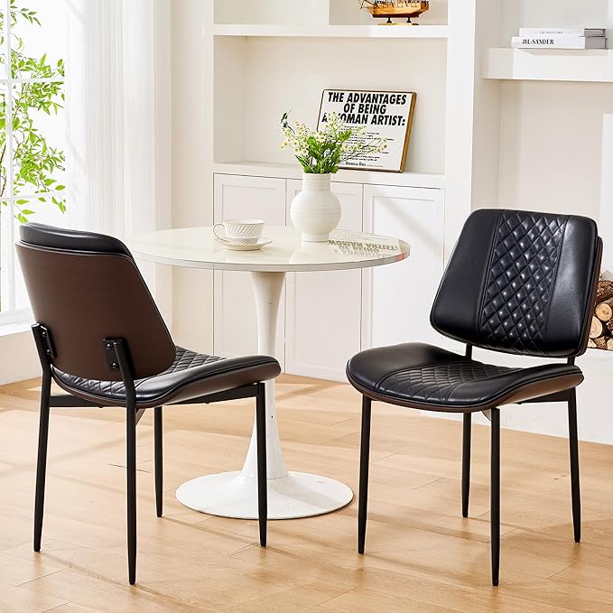 Dining Chairs Set of 2, Upholstered PU Leather Armless Chair, Mid Century Modern Dining Room Chairs, Retro Walnut Bentwood Kitchen Chair with Metal Legs and Adjustable Feet, Black