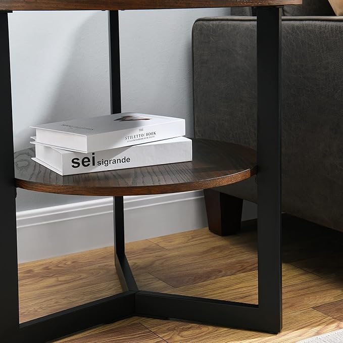 LEEMTORIG Round Side Table, Large 2-Tier End Table Nightstand with Metal Legs, Modern Bedside Couch Table for Living Room, Bedroom, Office, Rustic Brown/Black, 25.2 x 25.2 x 24 inches CJZ-1338-NC