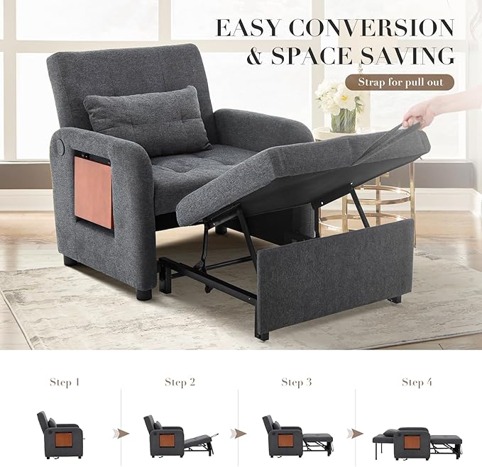 Convertible Sleeper Chair-Fabric Futon Sofa Bed, Single Sleeper Sofa, Small Couch Bed with USB Port, Foldable Table, Pillow, Adjustable Backrest for Dorm/Bedroom/College Darkgrey