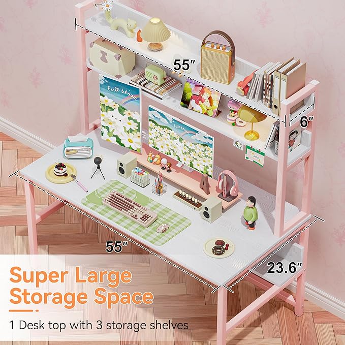 Aquzee Pink Desk with Hutch for Girls, 55in Computer Desk with Bookshelf for Teens Adults, Craft Table for Bedroom Kids Room, White Pink Study Table with Shelves for Storage