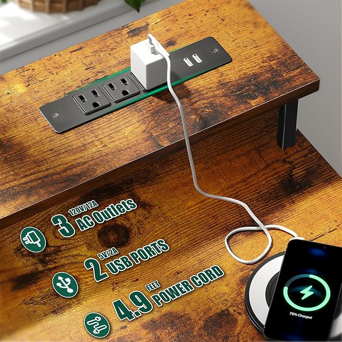 47 Inch Computer Gaming Desk with Power Outlets LED Lights Reversible Home Office with Adjustable Fabric Storage Drawers for Working Writing Study, Rustic Brown