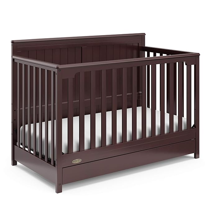 Graco Hadley 5-in-1 Convertible Crib with Drawer (Espresso) – GREENGUARD Gold Certified, Fits Standard Crib Mattress, Converts to Toddler Bed, Daybed and Full Bed, 4 Adjustable Mattress Heights