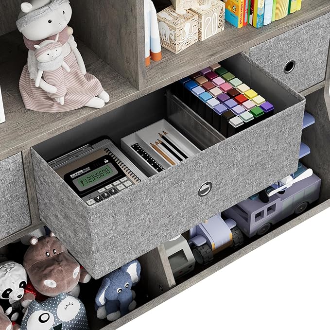 IDEALHOUSE Kids Bookshelf and Toy Storage Organizer with 3 Movable Drawers, Floor Storage Cabinet Toy Chest with 4 Cubbies, Multifunctional Storage Chest for Nursery, Playroom and Bedroom, White
