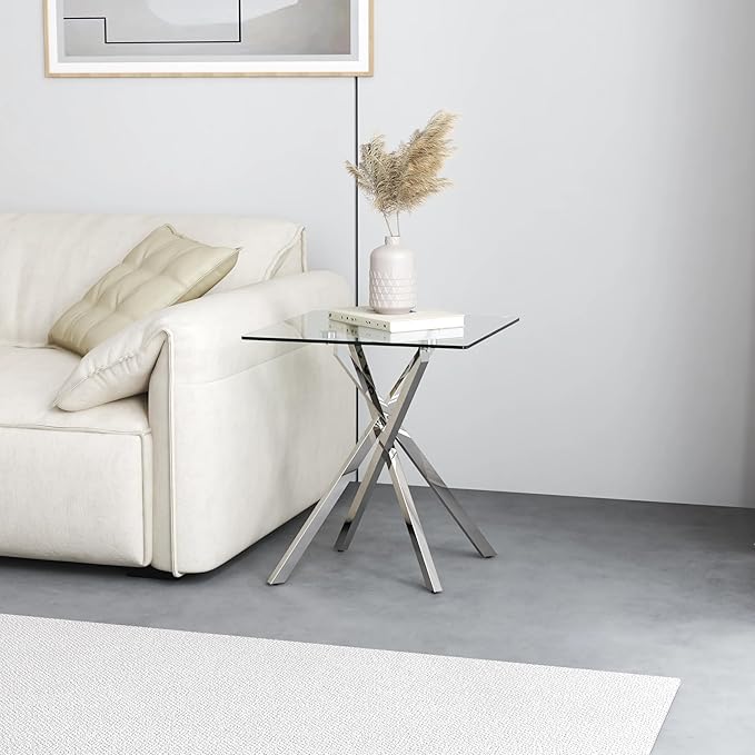 Side Table Set of 2, Modern End Table Set with Tempered Glass Top and Metal Legs for Home Office (Silver)