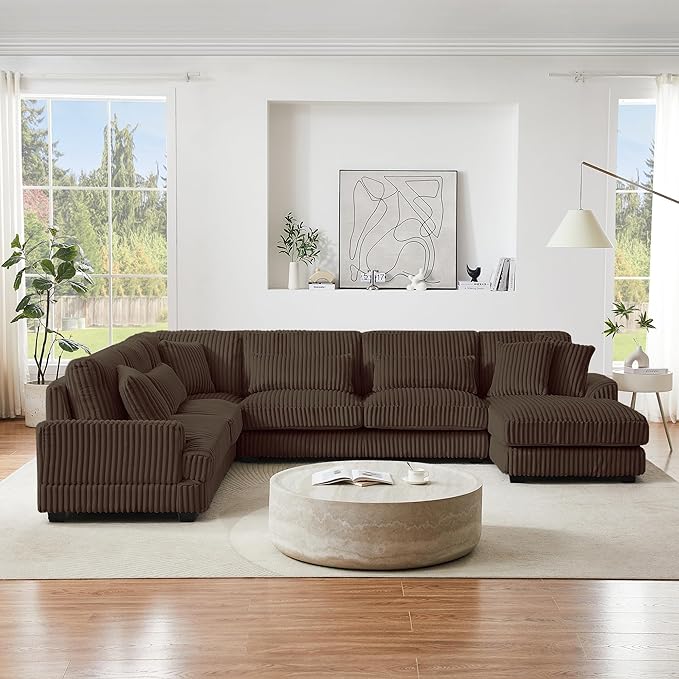 129" Oversized U Shaped Modular Sectional Sofa Couch for Living Room 7 Seater Plush Corduroy Upholstered Large Sofa Deep Seat Cloud Couch with Extra Wide Chaise Lounge and Detachable Thick Cushions