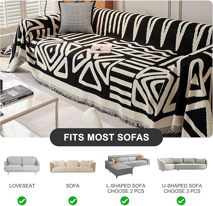 STACYPIK Boho Black Beige Couch Cover Wrinkle Resistant Sofa Cover for Cat Dog Geometric L Shaped Slipcover for Sectional Multi-Use Pet Protector for 2 Cushion Couch Tassels Recliner Cover-71x118IN