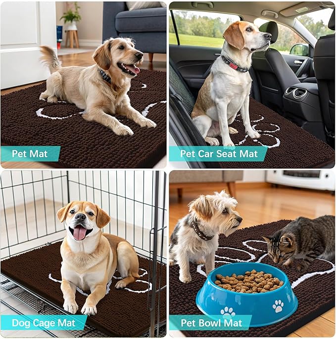 OLANLY Door Mat for Muddy Dog Paws 48x30, Ultra Absorbent Chenille Mud Doormat with Paw Print Design, Non-Slip Washable Doormat for Indoor Entryway, Quick-Dry Pet Bed Mats for Dirty Dogs, Brown