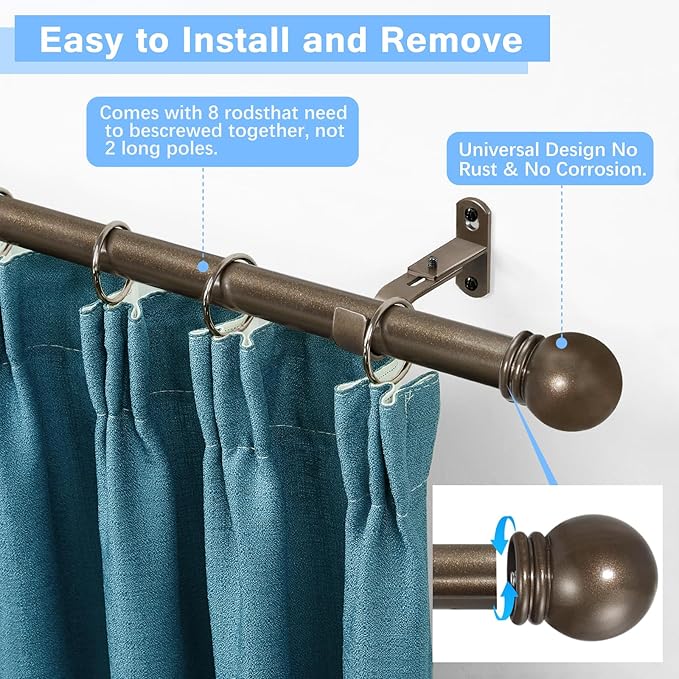 Curtain Rods for Windows 16 to 120 Inches, Curtain Rod Max Adjustable Length of 132 IN, 6/8" Diameter Drapery Rods Round Finials, Brown, Pack of 1