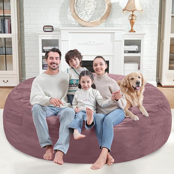 7FT Bean Bag Chair, Large Bean Bag Chairs with Memory Foam Filled, Fluffy Beanbag Sofa with Dutch Velvet Cover, Round BeanBag Chairs for Living Room, Playroom - Dusty Pink