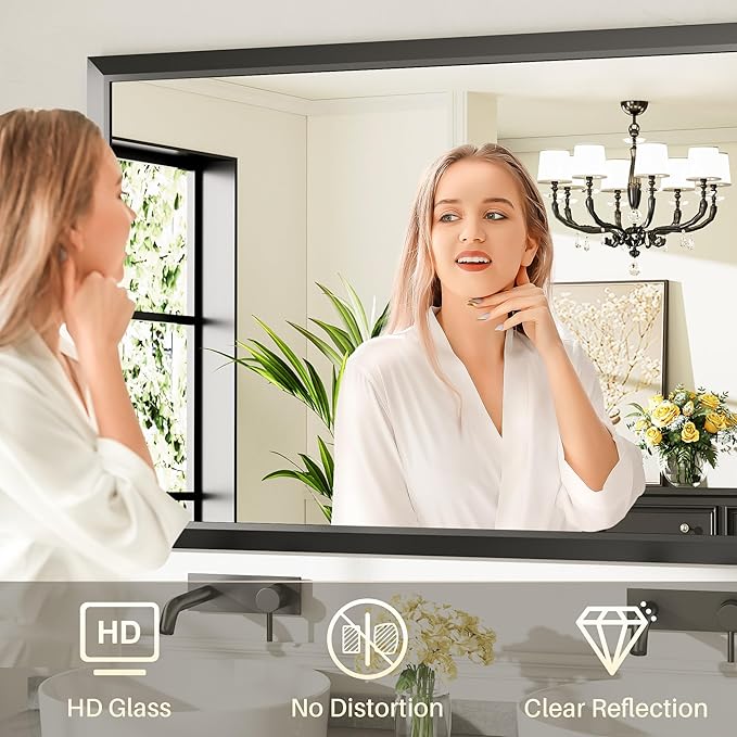 55x32 Inch Black Bathroom Mirror for Wall, Thick Metal Framed Rectangle Mirrors for Over Sink, Bedroom, Living Room, Entryway, Anti-Rust, HD Tempered Glass