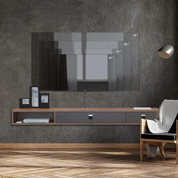 Pmnianhua Floating TV Shelf,70'' Wall Mounted Floating TV Stand Unit Media Console Wall TV Console Cabinet Media Entertainment Shelf with 2 Doors for TVs up to 75'' (Walnut)
