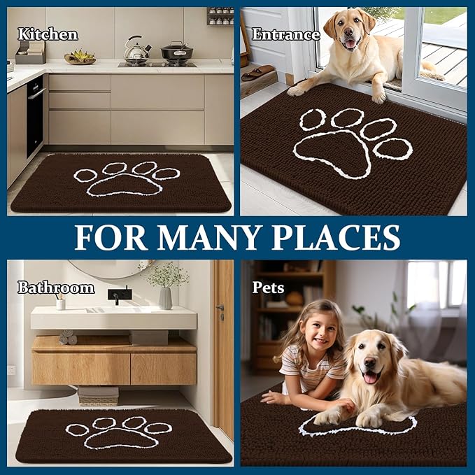OLANLY Door Mat for Muddy Dog Paws 59x24, Ultra Absorbent Chenille Mud Doormat with Paw Print Design, Non-Slip Washable Doormat for Indoor Entryway, Quick-Dry Pet Bed Mats for Dirty Dogs, Brown