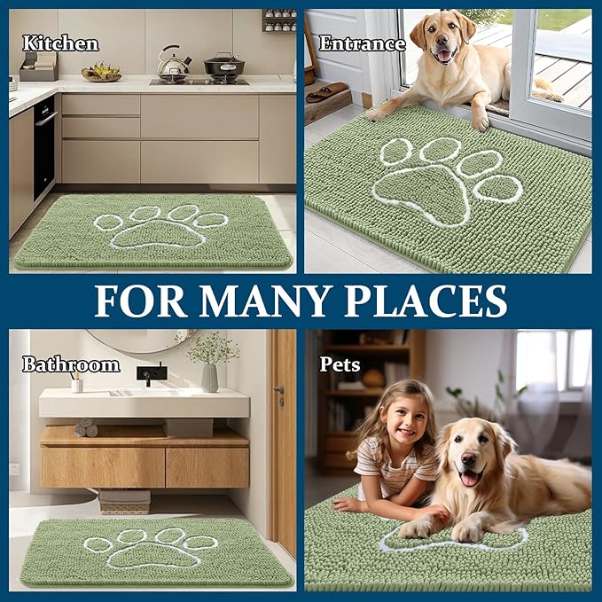 OLANLY Door Mat for Muddy Dog Paws 48x30, Ultra Absorbent Chenille Mud Doormat with Paw Print Design, Non-Slip Washable Doormat for Indoor Entryway, Quick-Dry Pet Bed Mats for Dirty Dogs, Sage Green