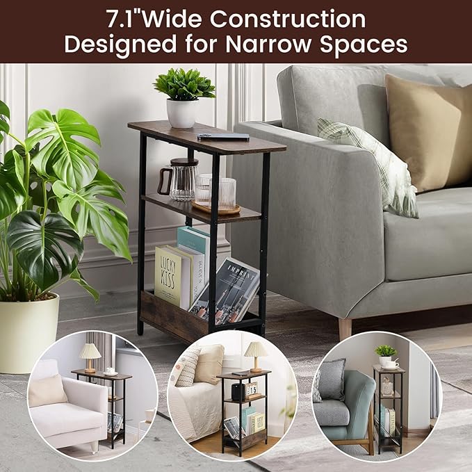 Narrow Side Table for Small Spaces, 3-Tier Small End Table with Storage Shelf and Magazine Holder, Slim and Skinny Nightstand for Bedroom, Living Room Sofa Table for Space Saving, Brown