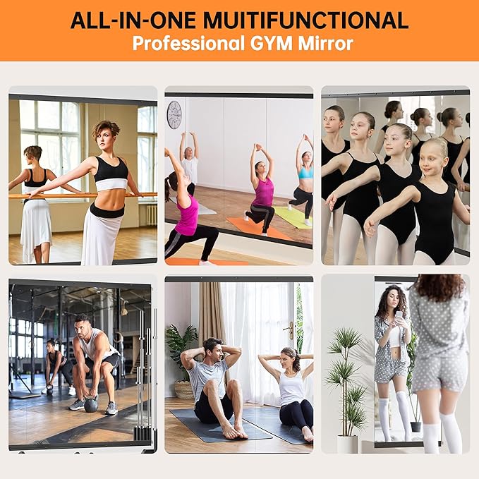 Hasipu 3 Pcs 55''x20'' Home Gym Mirror Large Full Length Wall Mounted Full Body Mirror for Yoga Dance Fitness Exercise Studio Bedroom Garage, Frameless Tempered Glass Workout Mirrors Black Rectangular