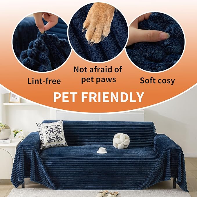 HAOMAIJIA Faux Fur Sofa Covers Couch Covers for 2 Cushion Couch Sofa Pet Friendly Soft Non Slip Couch Cover for Dogs Washable Sectional Couch Covers L Shape Furniture Protector (Navy Blue, 71"x102")