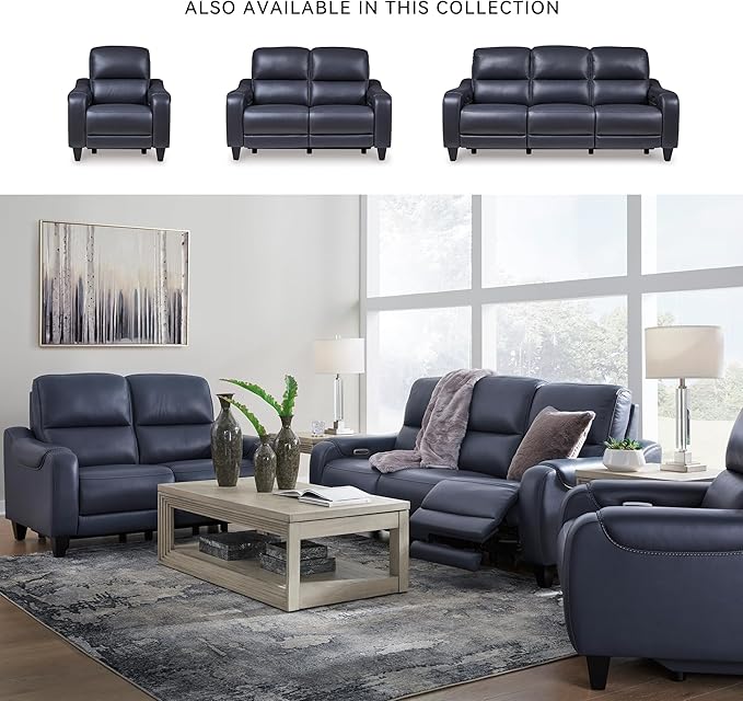 Signature Design by Ashley Mercomatic Contemporary Leather Match Wall Hugger Power Recliner with Adjustable Headrest and USB Ports, Blue