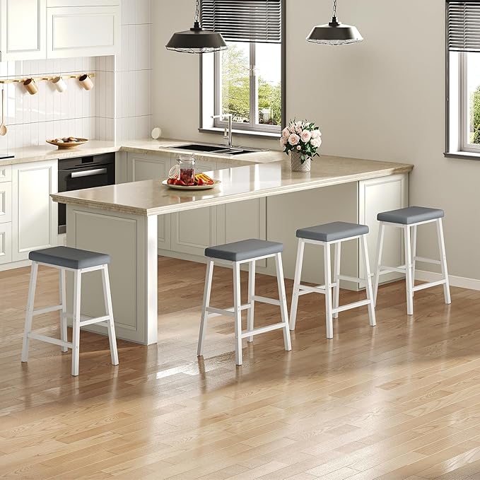 HOOBRO Bar Stools, Set of 2 Bar Chairs, PU Leather Upholstered Breakfast Stools, Easy Assembly, Suitable for Kitchen, Bar, Dining Room, White and Gray WG01MD01