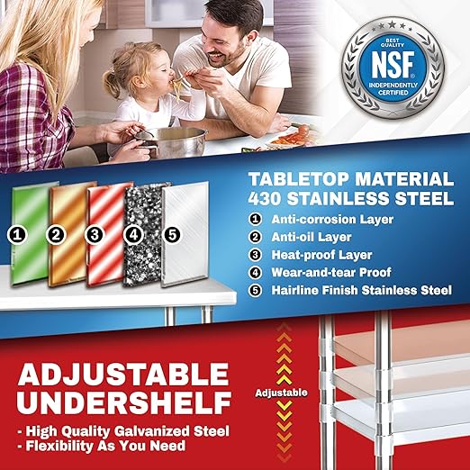 DuraSteel Stainless Steel Work Table 30" x 12" x 34" Height w/ 4 Caster Wheels - Food Prep Commercial Grade Worktable - NSF Certified - Good for Restaurant, Business, Warehouse, Home, Kitchen, Garage