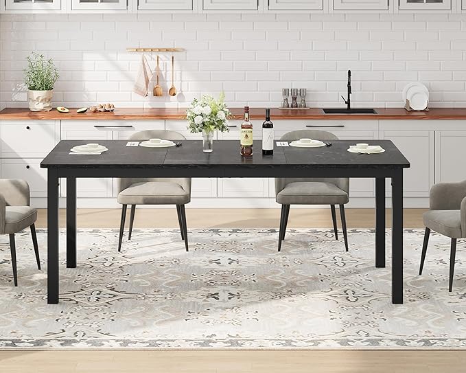 GarveeHome 78.7in Industrial Dining Table for 6, Wooden Long Dinner Table with Mortise Tenon Design, Kitchen Table with Sturdy Metal Legs, for Dining Room Home Office Living Room, Black