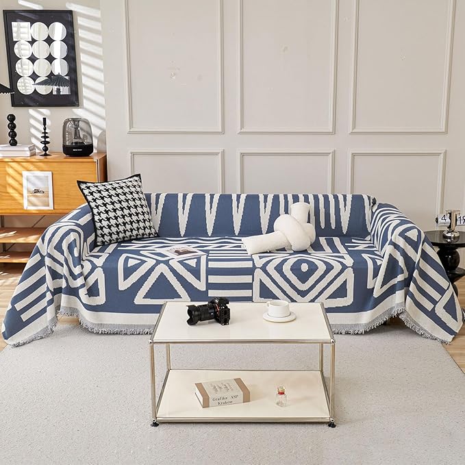 STACYPIK Boho Chenille Blue Sofa Cover L Shaped Couch Cover Reversible Couch Cover for 3 Cushion Couch Non-Silp Furniture Cover for Dogs Cats Sectional Sofa Cover for Loveseat Futon Cover-91X118IN