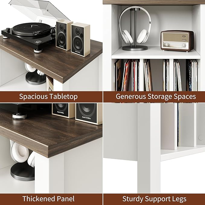 LIDYUK Record Player Stand, Vinyl Record Storage Table End Table with Display Shelf Holds up to 130 Albums, Large Nightstand Wood Turntable Stand Cabinet Side Table for Living Room, Bedroom, White