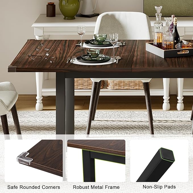 Feonase 63" Extendable Kitchen Table, Modern Farmhouse Dining Table for 4-8, Wooden Dining Room Table for Small Space, Dining Room, Home Office, Living Room Furniture, Espresso
