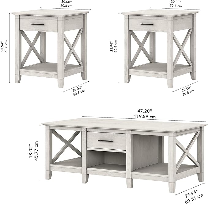 Bush Furniture Key West Coffee Table with Set of 2 End Tables in Linen White Oak
