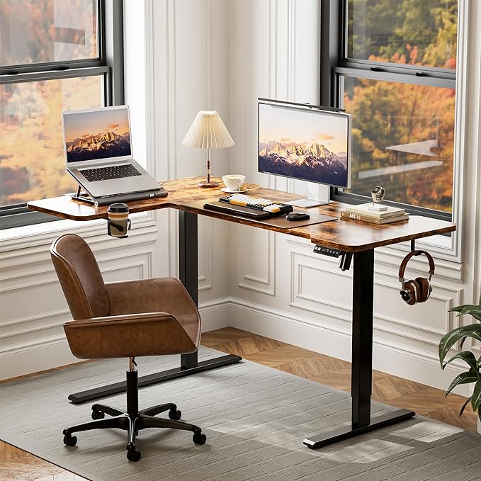 51" Reversiable L-Shaped Electric Standing Desk Adjustable Height Gaming Stand Up Corner Desk Sit Stand Home Office Computer Desk with Splice Board,Black Carbon Top