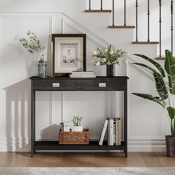 ChooChoo Black Entryway Table with Drawer, Narrow Console Table, Sofa Table with Storage Shelf for Entryway, Living Room and Hallway