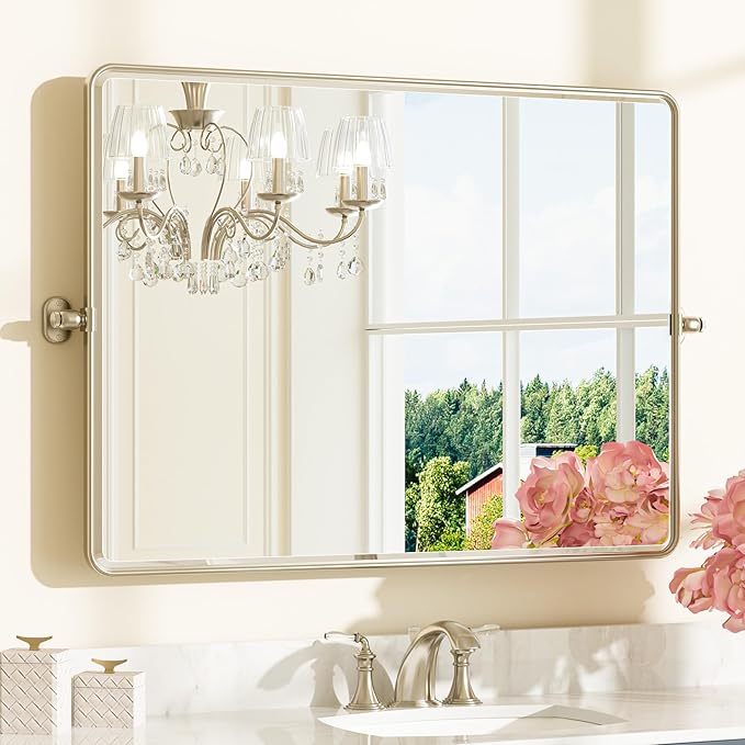 Keonjinn 40 x 30 Inch Large Pivot Mirror, Brushed Nickel Pivot Mirror Bathroom, Beveled Tilt Mirrors Bathroom for Over Sink, Rounded Corner Farmhouse Tilting Mirrors Wall Mount (Horizontal/Vertical)