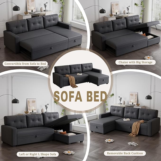 Ball & Cast Convertible Sectional Sleeper Sofa Bed L Shaped 4 in 1 Pull Out Couch with Reversible Storage Chaise & Removable Back Cushions,Sleeper Corner Pull Out Sofa Bed Couch for Living Room,Office