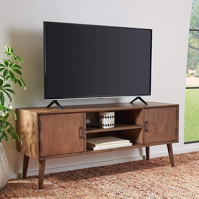 SAFAVIEH Sorrel TV Stand for up to 55" Flatscreen – Brown, 2 Doors with Interior Storage, 2 Open Shelves, Entertainment Media Console (MED5701C)