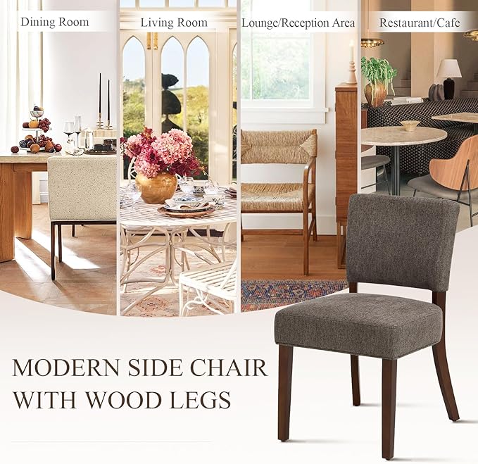 COLAMY Mid Century Modern Dining Chairs Set of 2, Upholstered Kitchen Chairs with Back, Farmhouse Fabric Side Dining Room Chairs with Wood Legs for Dining Room Kitchen Restaurant, Brown