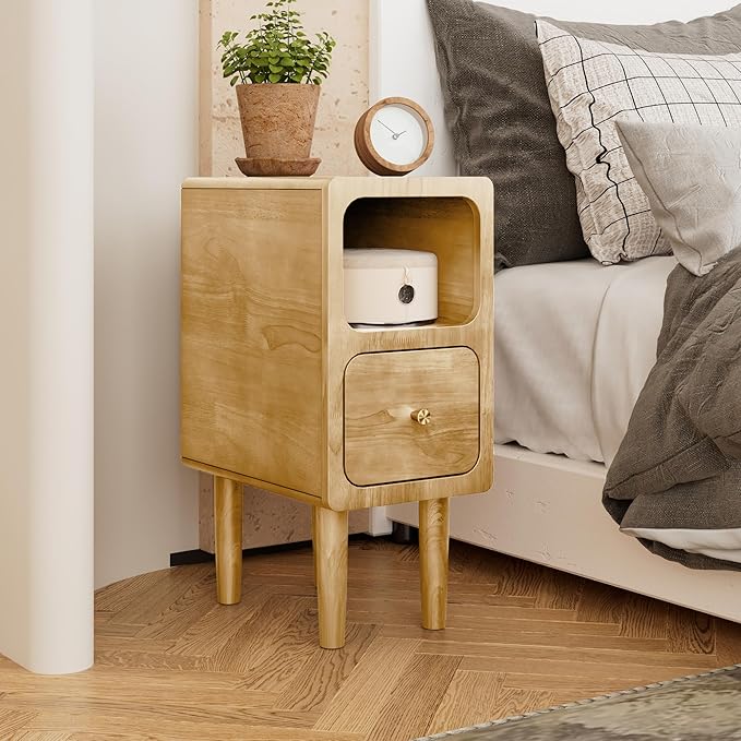 Narrow Nightstand, Solid Wood Night Stand with Drawers, Natural Mid Century Modern Nightstand, Small Beside Table with Open Storage Shelf for Bedroom (10 inch)